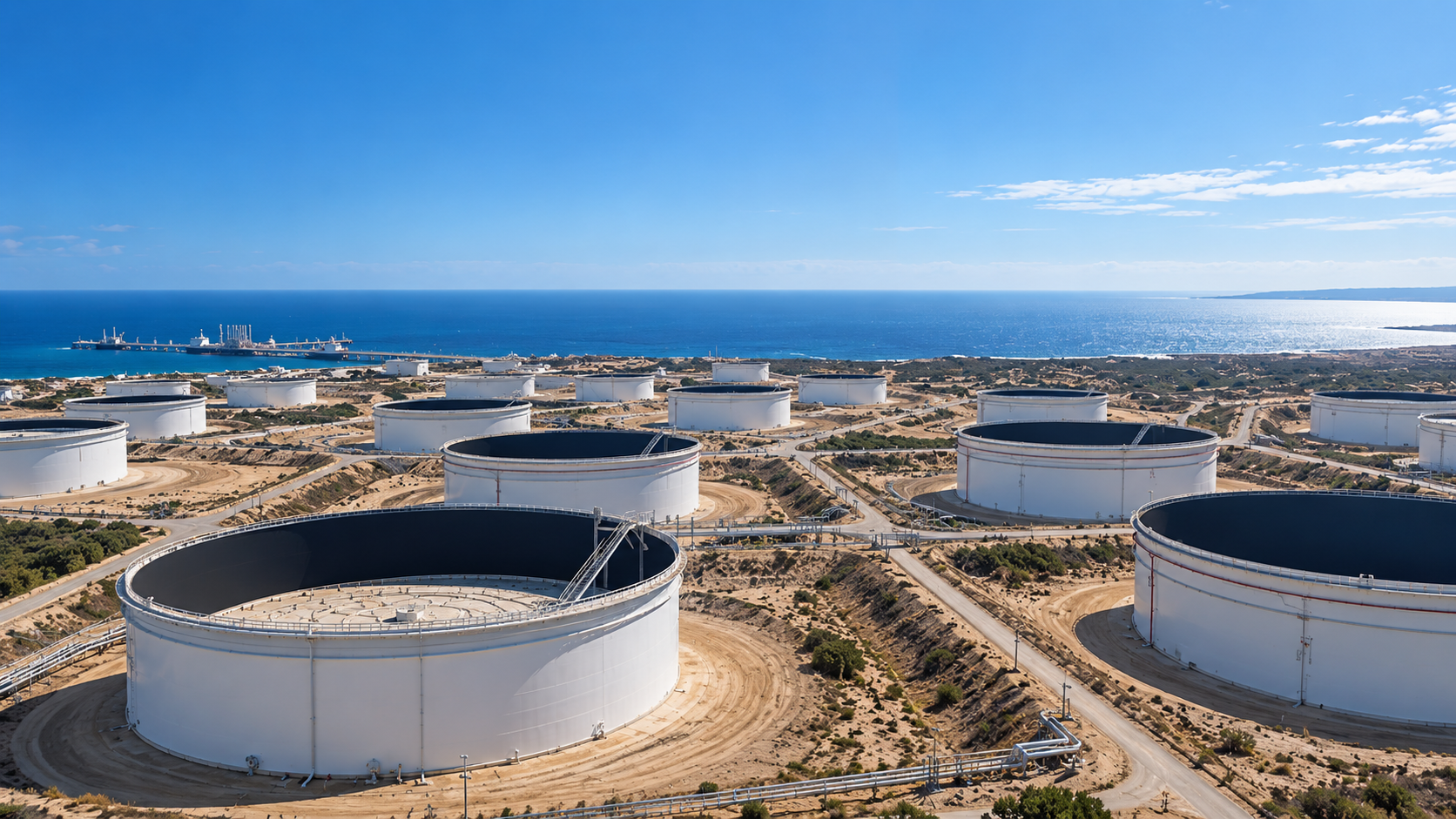 A coastal industrial tank farm prepared for advanced inspection