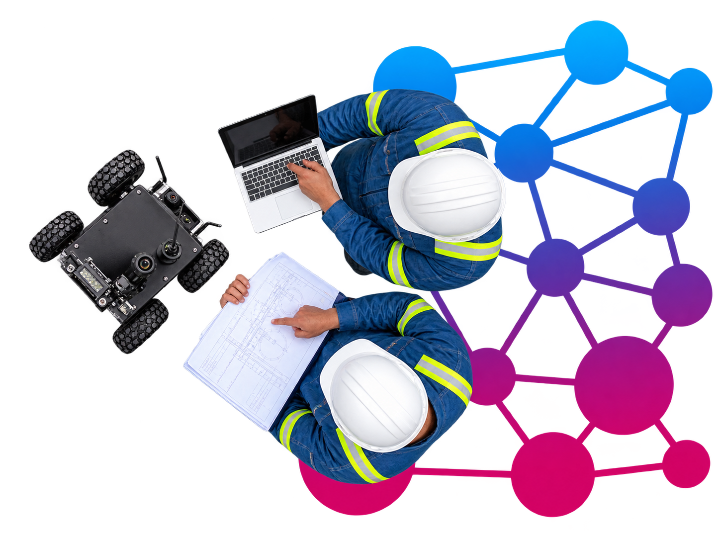 Inspection engineers coordinating with robotic systems