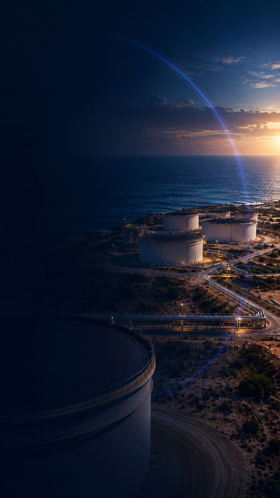Coastal tank farm at dusk